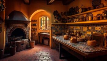 rustique poterie et élégant des vases décorer le moderne cuisine étagère généré par ai photo
