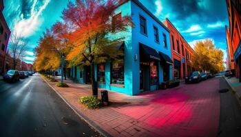 le vibrant ville rue illuminé par multi coloré rue lumières généré par ai photo