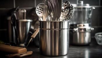 brillant métallique cuisine ustensile ensemble sur en bois table avec passoire généré par artificiel intelligence photo