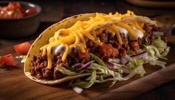 grillé du boeuf taco avec Frais guacamole, tomate, et coriandre généré par artificiel intelligence photo