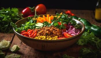 une Frais et en bonne santé végétarien salade avec biologique Ingrédients généré par artificiel intelligence photo