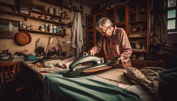 un qualifié menuisier, une Sénior homme, concentrés sur cuir chaussure fabrication généré par ai photo