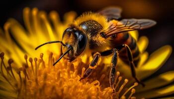 occupé abeille cueillette en haut pollen de une Jaune fleur fleur généré par ai photo