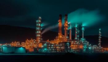 foncé raffinerie émet fumées, pollué environnement avec fossile carburant généré par ai photo