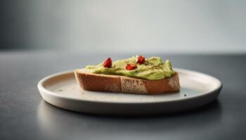 en bonne santé gourmet le déjeuner Avocat pain grillé avec grillé Fruit de mer et salade généré par ai photo