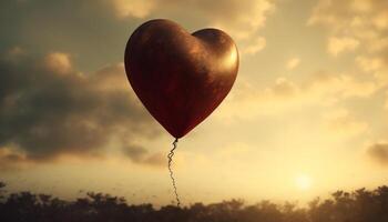 l'amour et romance monter en flèche avec cœur en forme de des ballons à le coucher du soleil fête généré par ai photo