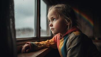 une triste fille séance à l'intérieur, à la recherche par le goutte de pluie fenêtre généré par ai photo