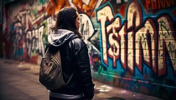 une Jeune femme, seul, des promenades par le ville à nuit généré par ai photo