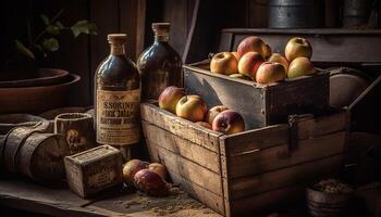 rustique Pomme Caisse détient Frais biologique récolte pour en bonne santé en mangeant généré par ai photo