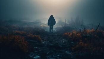 un homme randonnée dans le foncé forêt, cherchant spiritualité généré par ai photo