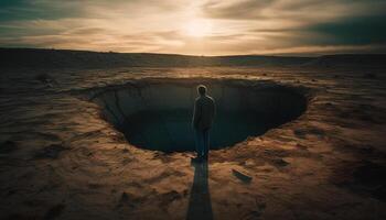 permanent à crépuscule, un la personne jouit le tranquille Montagne paysage généré par ai photo