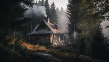 tranquille scène de un vieux Journal cabine dans le Montagne forêt généré par ai photo