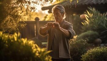 un homme, en plein air, souriant, en portant fleur, profiter la nature Candide amusement généré par ai photo