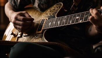 le qualifié guitariste cueille cordes, performant Roche la musique sur étape généré par ai photo