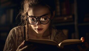 un femme, en train de lire littérature, profiter relaxation dans Accueil bibliothèque généré par ai photo