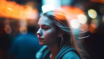 une Jeune femme sourires, profiter le vie nocturne dans le ville généré par ai photo