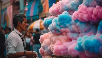 dans le bondé marché, une souriant vendeur vend traditionnel nourriture généré par ai photo