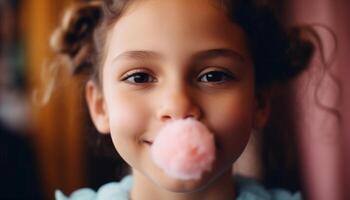 Candide préscolaire fille soufflant bulle, profiter sucré nourriture et jouet généré par ai photo