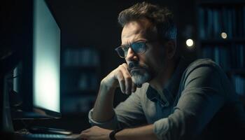 concentré homme d'affaire travail en retard à nuit, en utilisant ordinateur La technologie généré par ai photo