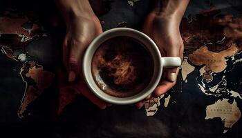 un la personne en portant un vieux façonné café tasse, en buvant cappuccino généré par ai photo
