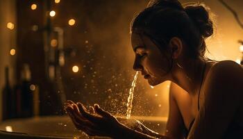 souriant femme jouit rafraîchissant douche, éclabousser l'eau pour relaxation généré par ai photo