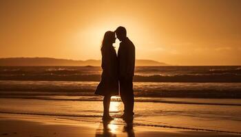 une romantique le coucher du soleil silhouette de une aimant couple embrassement en plein air généré par ai photo
