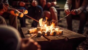 Hommes et femmes recueillir en plein air pour une embrasé feu fête généré par ai photo