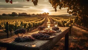 Soleil embrassé les raisins récolté pour biologique vinification, parfait pour l'automne pique-niques généré par ai photo