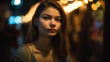 une magnifique Jeune femme avec marron cheveux sourit à le caméra généré par ai photo