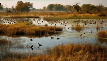tranquille scène de animaux dans le sauvage par le étang généré par ai photo