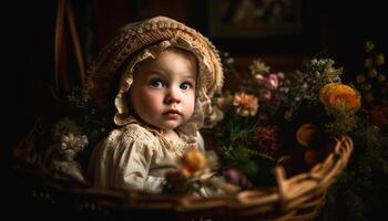 mignonne bébé fille souriant avec citrouille, entouré par l'automne la nature généré par ai photo