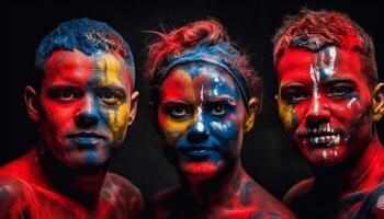 coloré groupe fête avec visage et corps peindre, en hurlant joyeusement généré par ai photo