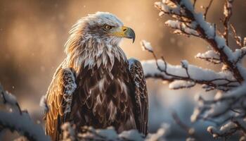 majestueux oiseau de proie se percher sur branche dans hiver forêt généré par ai photo