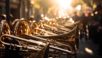 laiton musicien en jouant brillant laiton trompette dans premier plan réflexion généré par ai photo