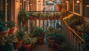 Frais multi coloré fleurs orner balcon, éclairant ville la vie en plein air généré par ai photo