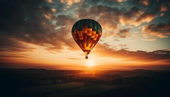 chaud air ballon en volant haute dans milieu air plus de Montagne paysage généré par ai photo