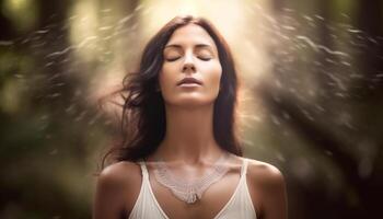 magnifique Jeune femme jouit la nature pluie, yeux fermé dans relaxation généré par ai photo