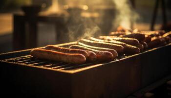 grillé Viande sur brochettes, carboniser grillé à la perfection pour Extérieur fête généré par ai photo