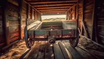 rustique roue Chariot sur vieux planche clôture dans tranquille rural scène généré par ai photo