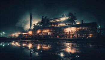 industriel tombée de la nuit pollution, fumée, et acier éclairer le environnement généré par ai photo
