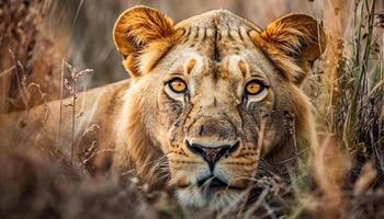 majestueux Lion cache dans le région sauvage, à la recherche à caméra avec beauté généré par ai photo