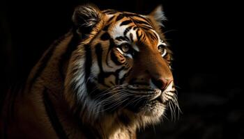 en danger Bengale tigre regarder avec agression dans tropical forêt tropicale portrait généré par ai photo