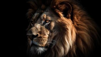 majestueux Lion en regardant, fourrure et moustaches, force dans la nature beauté généré par ai photo