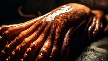 biologique Chocolat laissez tomber sur rustique en bois tableau, extrême proche en haut fraîcheur généré par ai photo