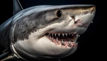 tranchant les dents de géant poisson dans sous-marin proche en haut portrait généré par ai photo