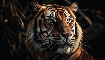 majestueux Bengale tigre, en danger gros chat, regarder avec agression généré par ai photo