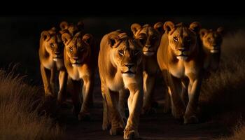 majestueux Masculin et femelle les Lions en marchant dans une rangée à crépuscule généré par ai photo