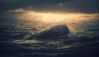 majestueux à bosse baleine éclabousser dans tranquille paysage marin à le coucher du soleil généré par ai photo