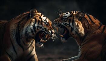 majestueux Bengale tigre, une grand, rayé félin, rugissement dans agression généré par ai photo