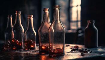 foncé liquide dans verre bouteille sur en bois tableau, rafraîchissant boisson généré par ai photo